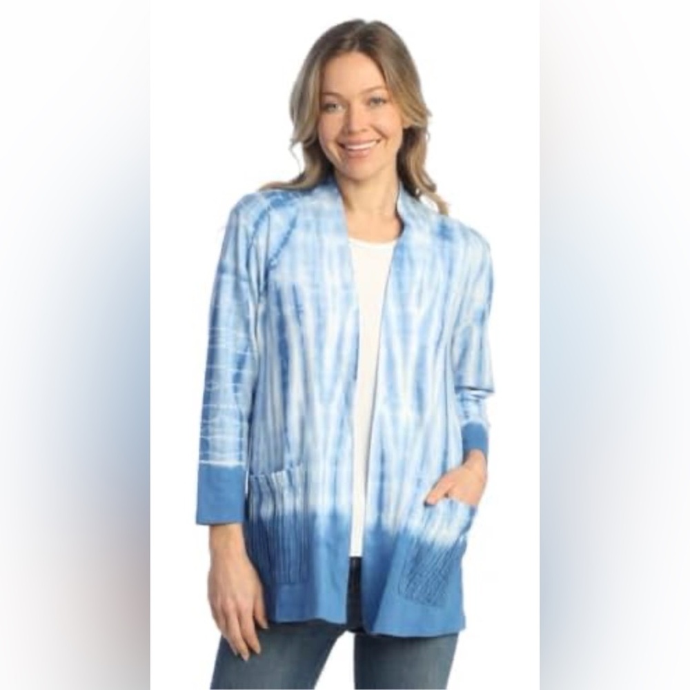 Jess & Jane Tie Dye Cardigan Womens L Blue 100% Cotton Open Front Made USA